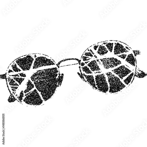 Shattered sunglasses vector illustration with stipple halftone effect. Grunge punk aesthetic with vintage photocopy texture for retro-inspired collage projects and urban art. Vector illustration