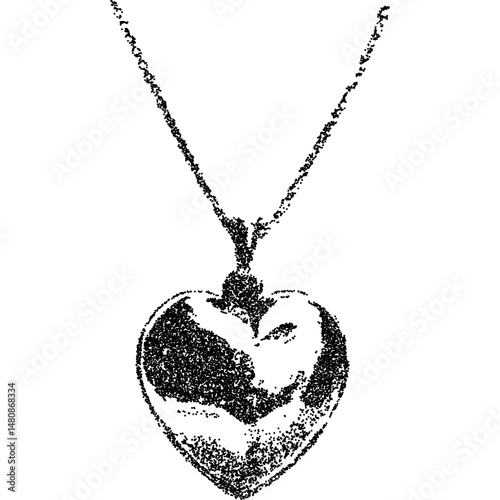 Heart-shaped pendant necklace in halftone stipple effect. Retro photocopy texture with grunge and punk rock aesthetics. Vector illustration for nostalgic and gothic-themed designs