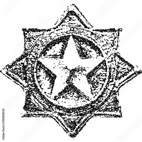 Grunge halftone sheriff badge illustration with dotwork texture. Punk aesthetic with retro-inspired photocopy effect. Vector illustration for tattoo designs and vintage posters