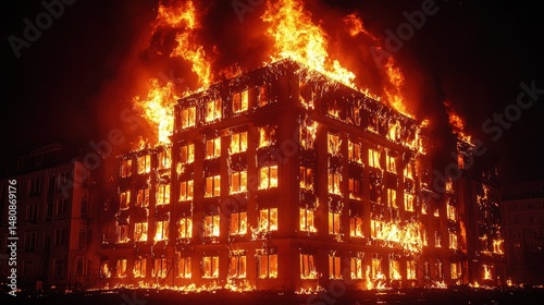 A multi-story building engulfed in intense flames, burning fiercely at night