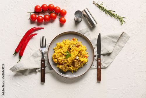 Plate of tasty pilaf with c...
