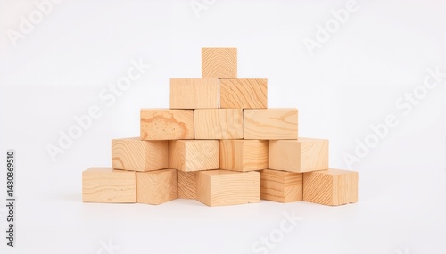 wooden building blocks arranged in pyramid shape on white background