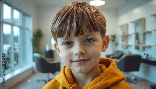 young boy in yellow hoodie smiling brightly in modern waiting area