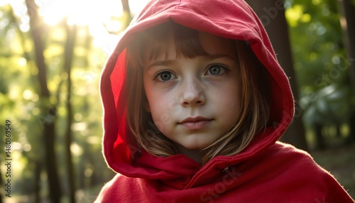 Young girl in red hoodie looking serious in forest with soft natural light