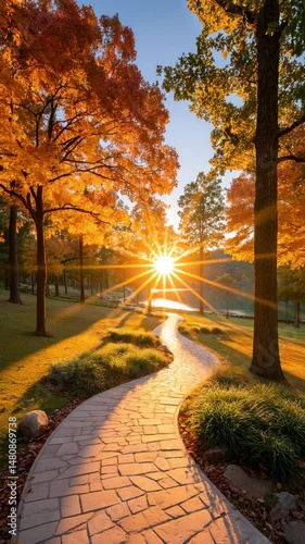 Scenic autumn sunset over a winding path in a vibrant park.