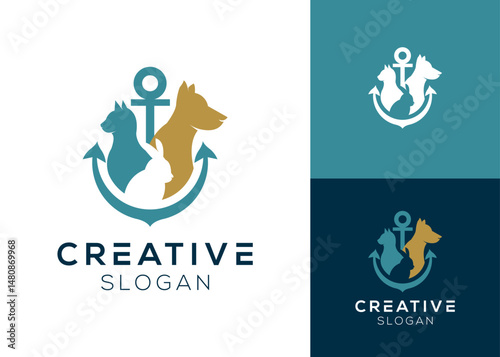 Pet anchor logo. Anchor with cat dog and rabbit logo design for veterinarian and pet animals.