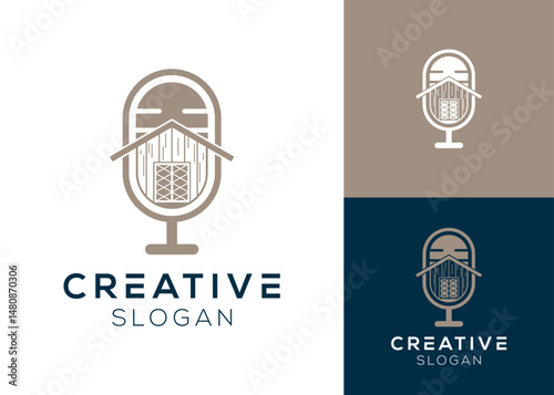 Mic cage logo. Mic with chicken cage logo design for podcast and media