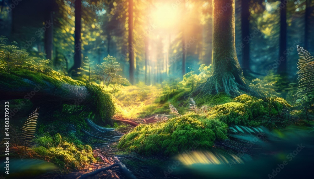Obraz premium Forest with Lush Green Undergrowth - Peaceful Woodland Landscape