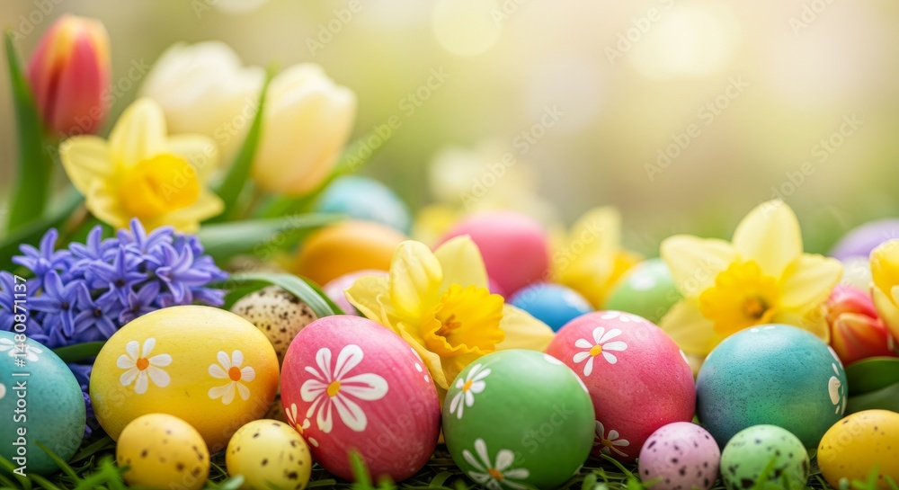 Fototapeta premium Springtime Easter Egg Hunt - Colorful painted eggs, spring flowers, soft light, Easter celebration, springtime joy. Symbolizing new beginnings, rebirth, hope, spring, and Easter