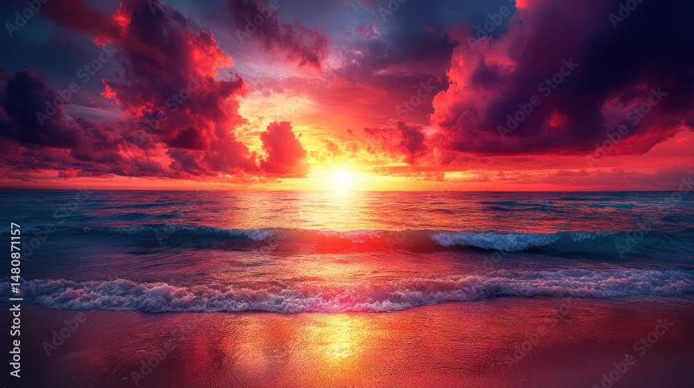 Obraz premium Fiery sunset over ocean waves