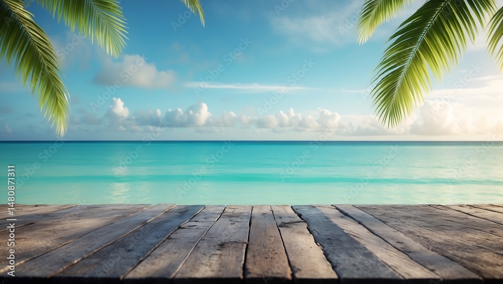 Fototapeta premium Serene Tropical Beach Scene Wooden Deck Overlooking Turquoise Ocean