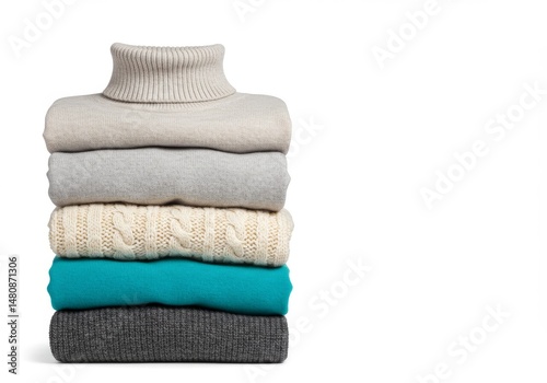 Stack of Cozy Knit Sweaters Isolated - Five warm sweaters, various colors and textures, neatly stacked, represent comfort, , warmth, layering, and winter fashion