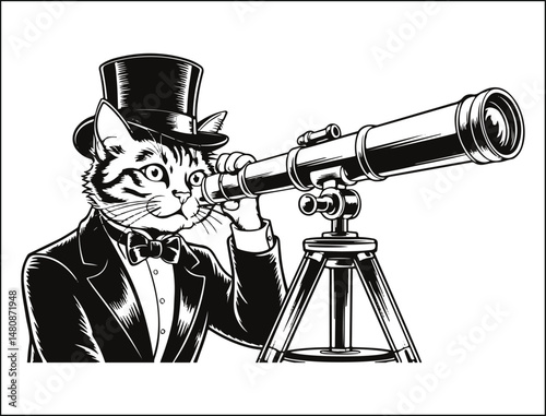 Sophisticated Cat in Top Hat Using a Telescope