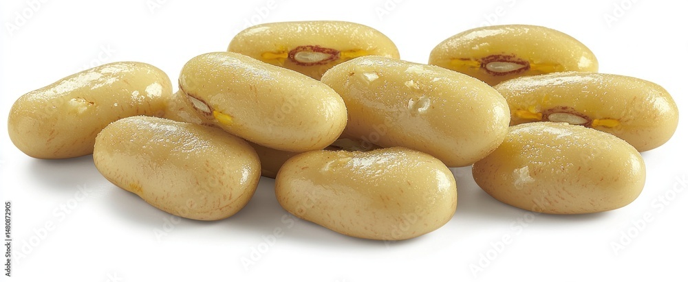 A close-up of a pile of pale yellow beans, each with a small dark spot at the center. They appear moist and plump A close-up of a pile of pale yellow beans, each with a small dark spot at the center. They appear moist and plump
