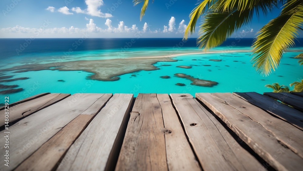 Fototapeta premium Tropical Paradise Wooden Deck Overlooking Turquoise Ocean and Coral Reef