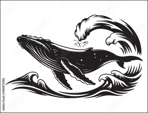 Humpback Whale Breaching Ocean Wave Black Ink Illustration