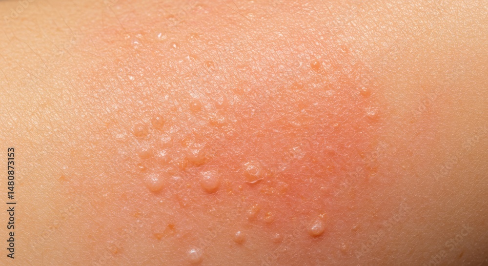 Fototapeta premium Sunburn Damage: Blisters, Peeling, and Redness - Illustrates severe sunburn, blistering skin, peeling skin, redness, and intense UV radiation damage. Painful consequences of sun exposure, skin health