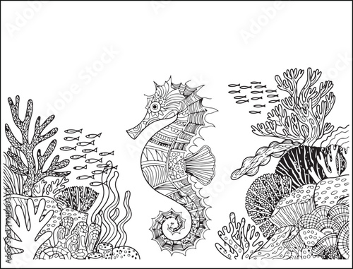 Ornate Seahorse in Intricate Underwater Scene
