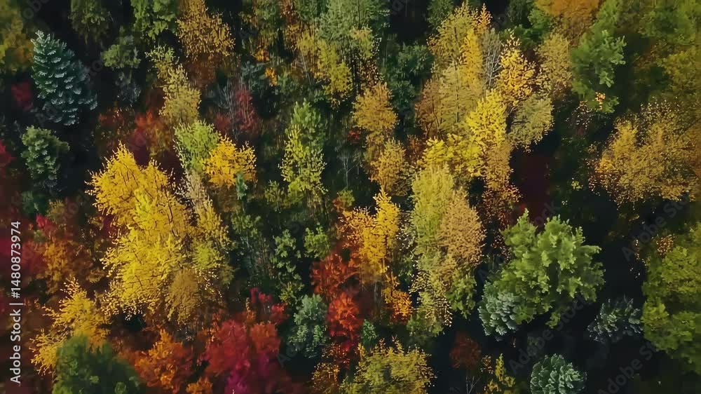 aerial view of colorful autumn forest with red, yellow, and green foliage