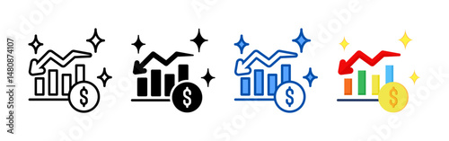 Decrease icon set bundle. Multi style icon collection perfect for websites, apps, and presentations. Simple vector icon collection