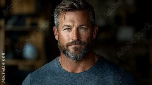A serious-looking man with salt-and-pepper beard and blue eyes, in a dark grey t-shirt