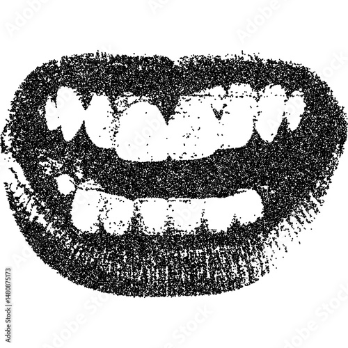 Grungy dotted smile showing teeth in vintage halftone stipple style. Mouth with a raw, xerox-inspired look for edgy collage projects and urban punk design. Vector illustration