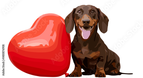 Happy dachshund sitting next to a large red heart shape  