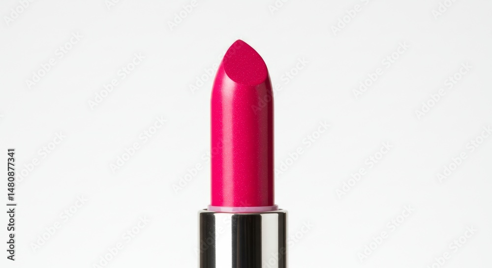 Fototapeta premium Vibrant Pink Lipstick Tube - Close-up shot of a single tube of vibrant pink lipstick against a white background. Perfect for beauty, makeup, and cosmetic product marketing