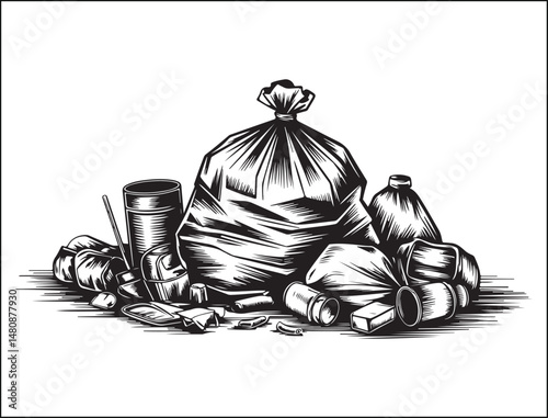 Black and White Illustration of Garbage and Trash Bags