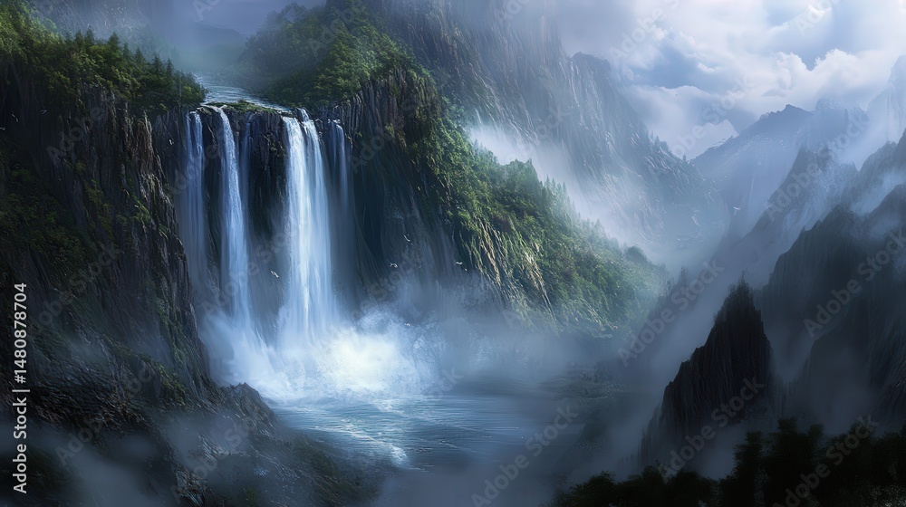 Fototapeta premium Misty mountain landscape with cascading waterfall.