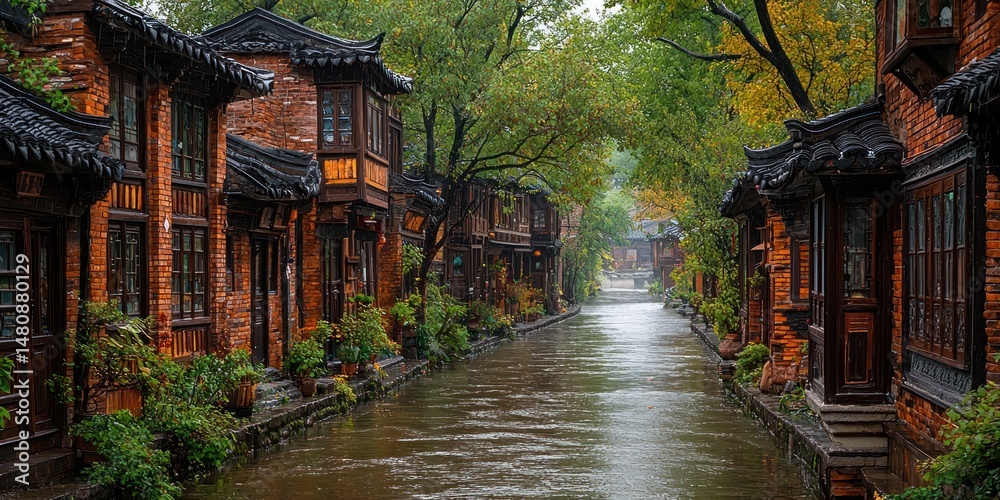Fototapeta premium Rainy day scene of traditional Asian architecture lining a narrow canal. Lush greenery and reflective water
