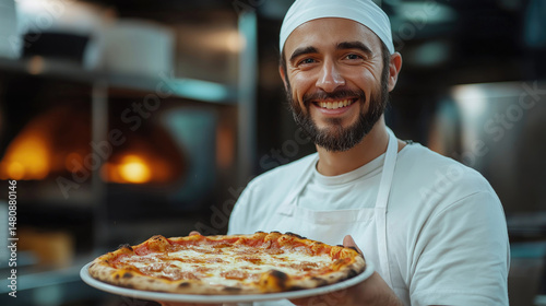Smiling baker proudly presents a freshly baked pizza near a hot oven