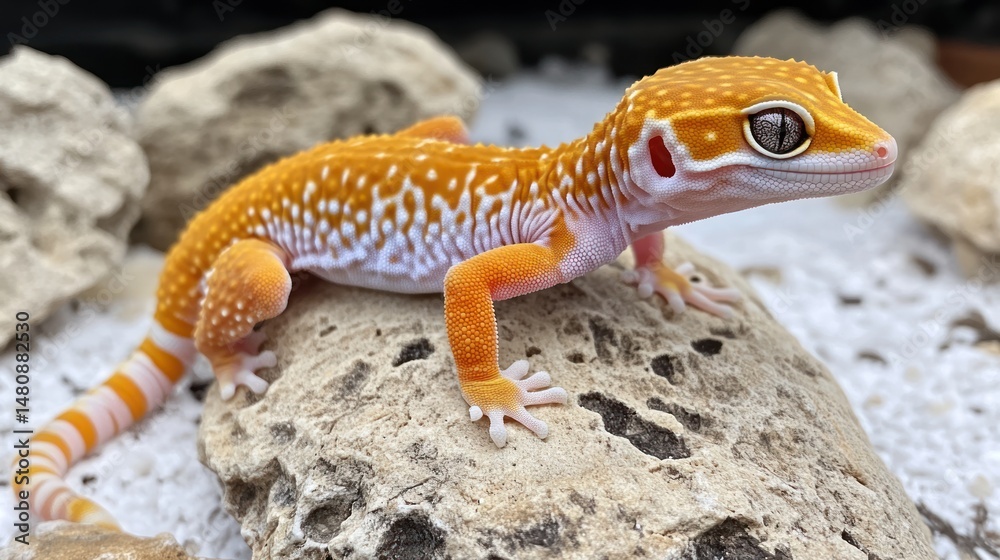 Naklejka premium Vibrant orange and white gecko on rock detailed reptile close up