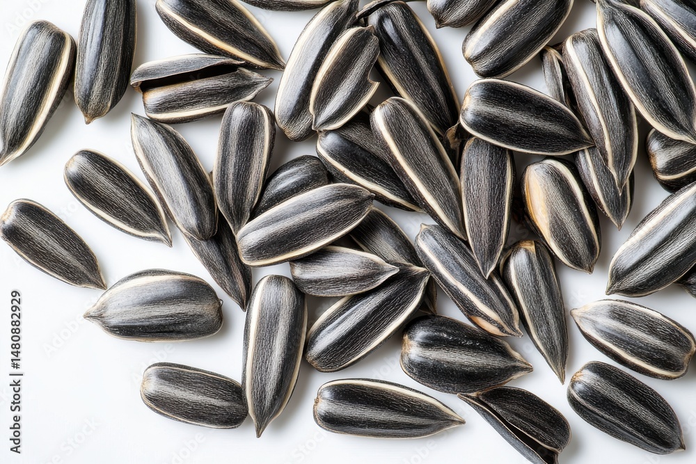Close up shot of a pile of black and white striped sunflower seeds Close up shot of a pile of black and white striped sunflower seeds