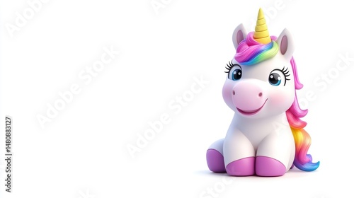 Cheerful cartoon unicorn 3 d render rainbow mane white background