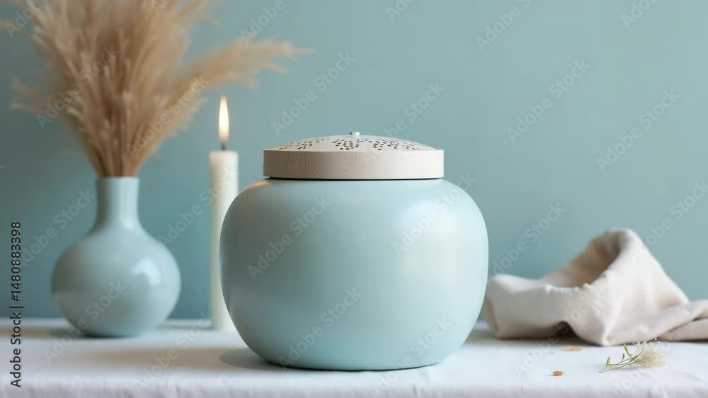 Ceramic urn, pastel blue, with lid, for remembrance, with copy space