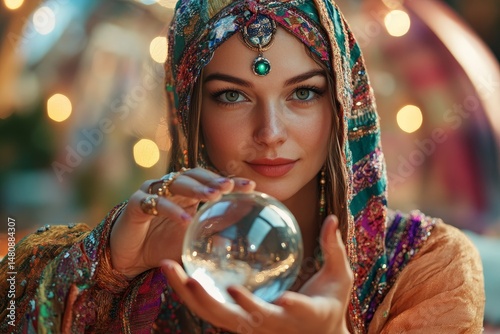 An individual gazing into a crystal ball to foresee their future, potentially for prophetic insight or direction