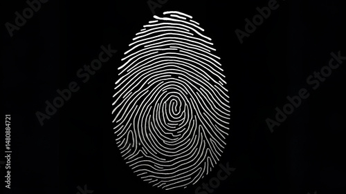 High-Resolution White Fingerprint on black Background: Unique Biometric Identification Pattern with Detailed Ridges and Loops
