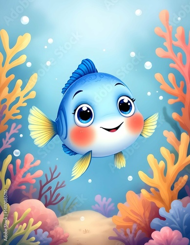 Adorable Cartoon Fish Swimming in Vibrant Coral Reef