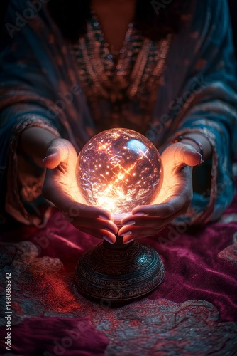 A woman's hands cradle a magical crystal ball as she attempts to foresee the future, deeply engrossed in the mystical world of witchcraft and spirit summoning