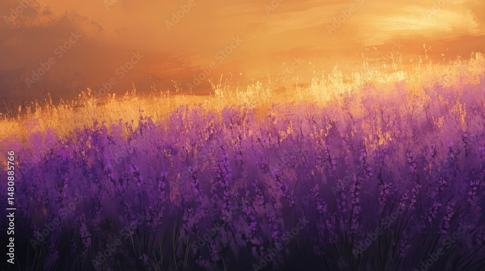 Fototapeta premium Golden hour hues over a lavender field.