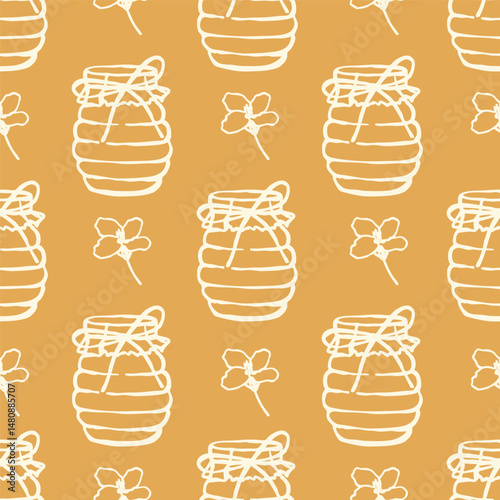 Seamless pattern with honey jars and simple flower drawings