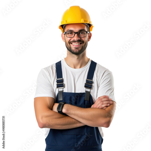 Smiling construction worker wearing safety helmet and glasses posing with arms crossed