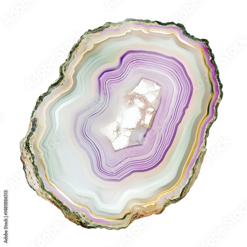 Beautifully Layered Agate Stone with Purple and Green Striations on a White Background on transparent background
