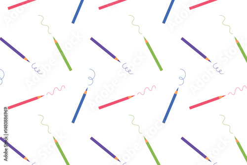 Colored pencils on white background. Vector seamless background with colored pencils.