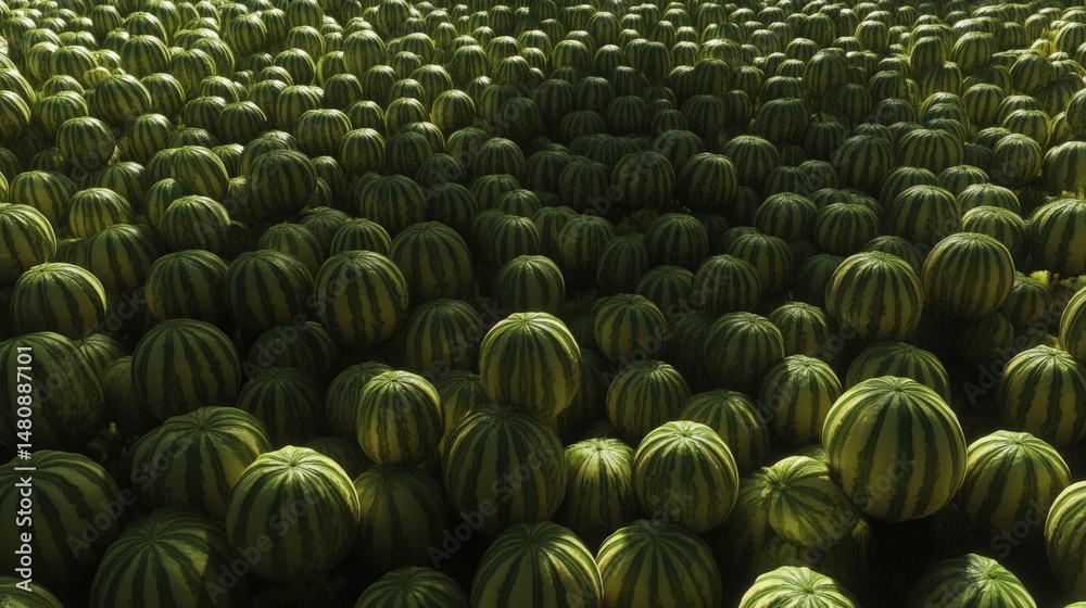 Obraz premium Dense field of spherical watermelons, displaying striped patterns.