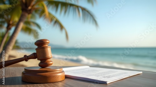 Judge's gavel and legal documents on a table by the sea. Concept of international law, jurisprudence, remote legal work and justice on vacation.