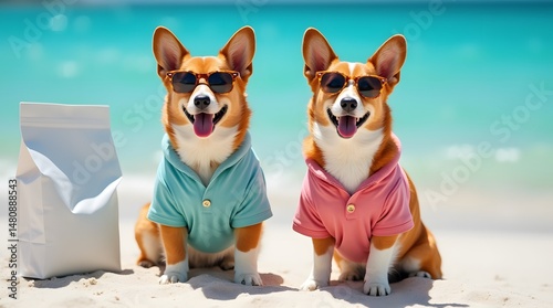 Two Welsh Corgi dogs in pink and blue shirts and sunglasses on the ocean. Two corgi puppies in sunglasses and shirts. 