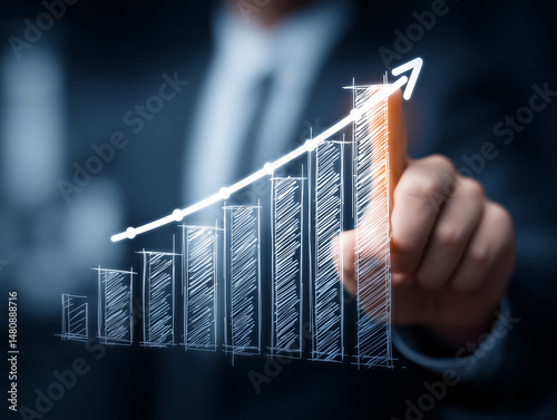 Homem de negócios apontando para gráfico de colunas que mostra crescimento, sucesso e resultados positivos, representando análise financeira, estratégia, marketing e desenvolvimento empresarial