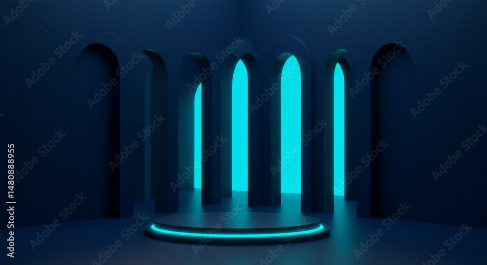 Surreal Abstract Blue Hallway with Arches and Bright Exit Surreal Abstract Blue Hallway with Arches and Bright Exit